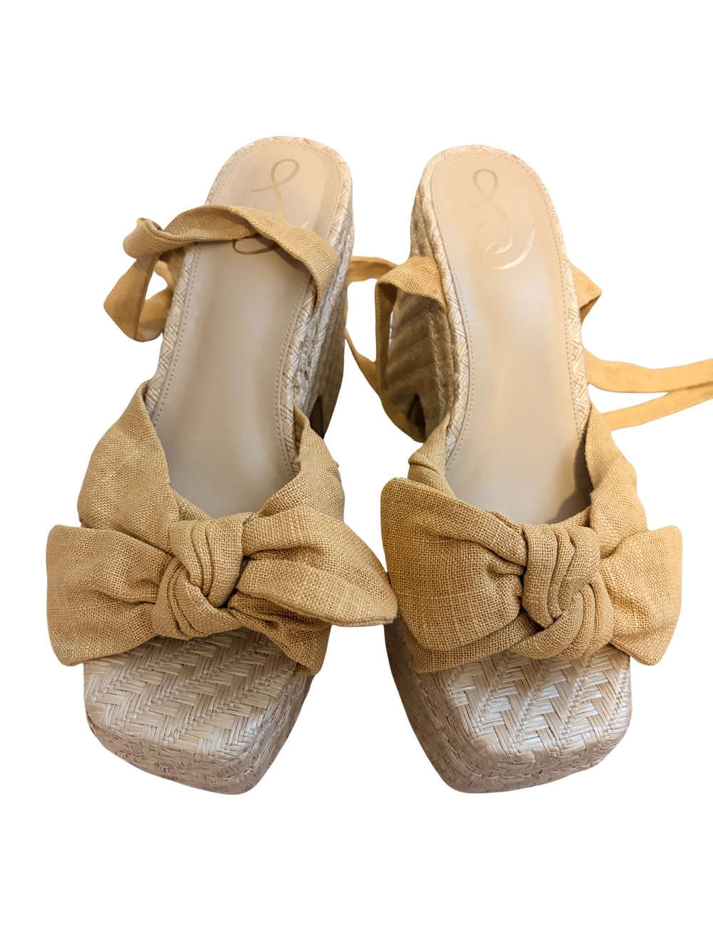 Sam Edelman Size 10 Bow Platform Heels Tan Raffia Lace Up Sandals